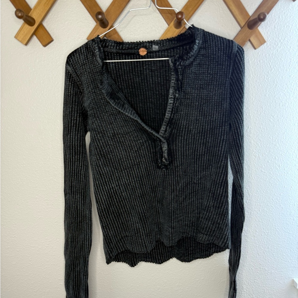 Free People Stylish Black Waffle Women's Top